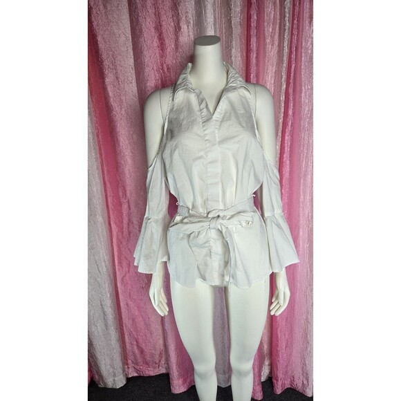 Boston Proper White Crisp Cold Shoulder Flare Sleeve Cotton Blouse Size 12 - Picture 4 of 12